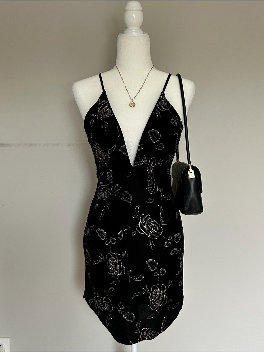 Millau Black Velvet Mini Dress with Metallic Floral